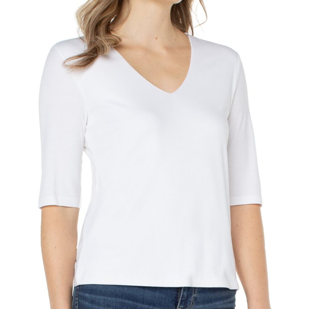 NWT Liverpool Double Layer V Neck Half Sleeve Rib Knit Top In Cream - Picture 3 of 4